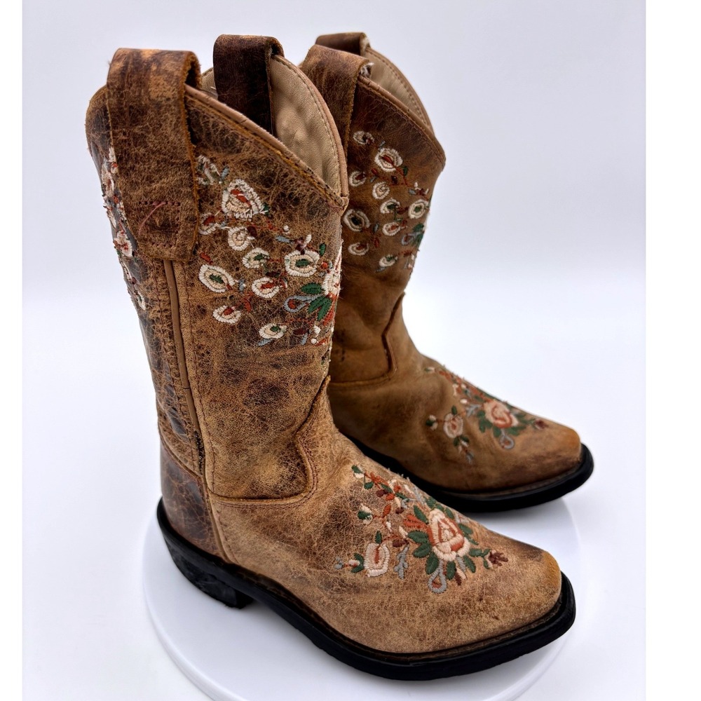 OLD WEST Flower Leather Cowboy Boot RARE Girls Toddler Western Brown Leather 9